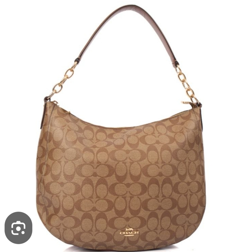 NWT Coach F39527 Elle Hobo Signature Canvas Khaki Saddle Brown Leather Handbag